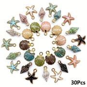 Set of 30 Ocean Sea Life Charms for DIY Jewelry Conch Starfish Seashell Alloy Enamel Pendants