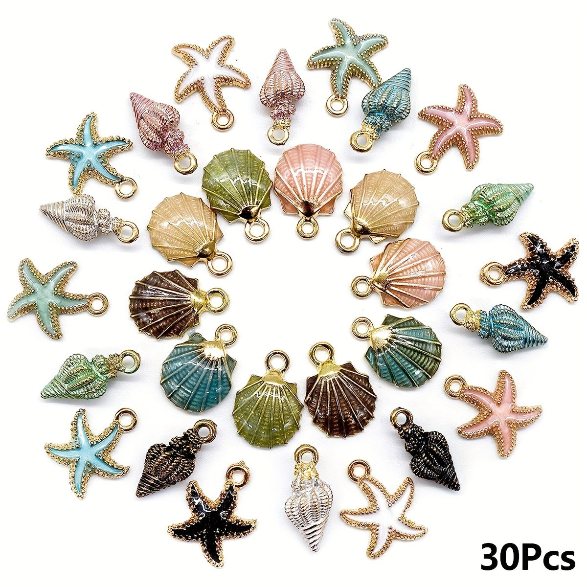 Set of 30 Ocean Sea Life Charms for DIY Jewelry Conch Starfish Seashell Alloy Enamel Pendants