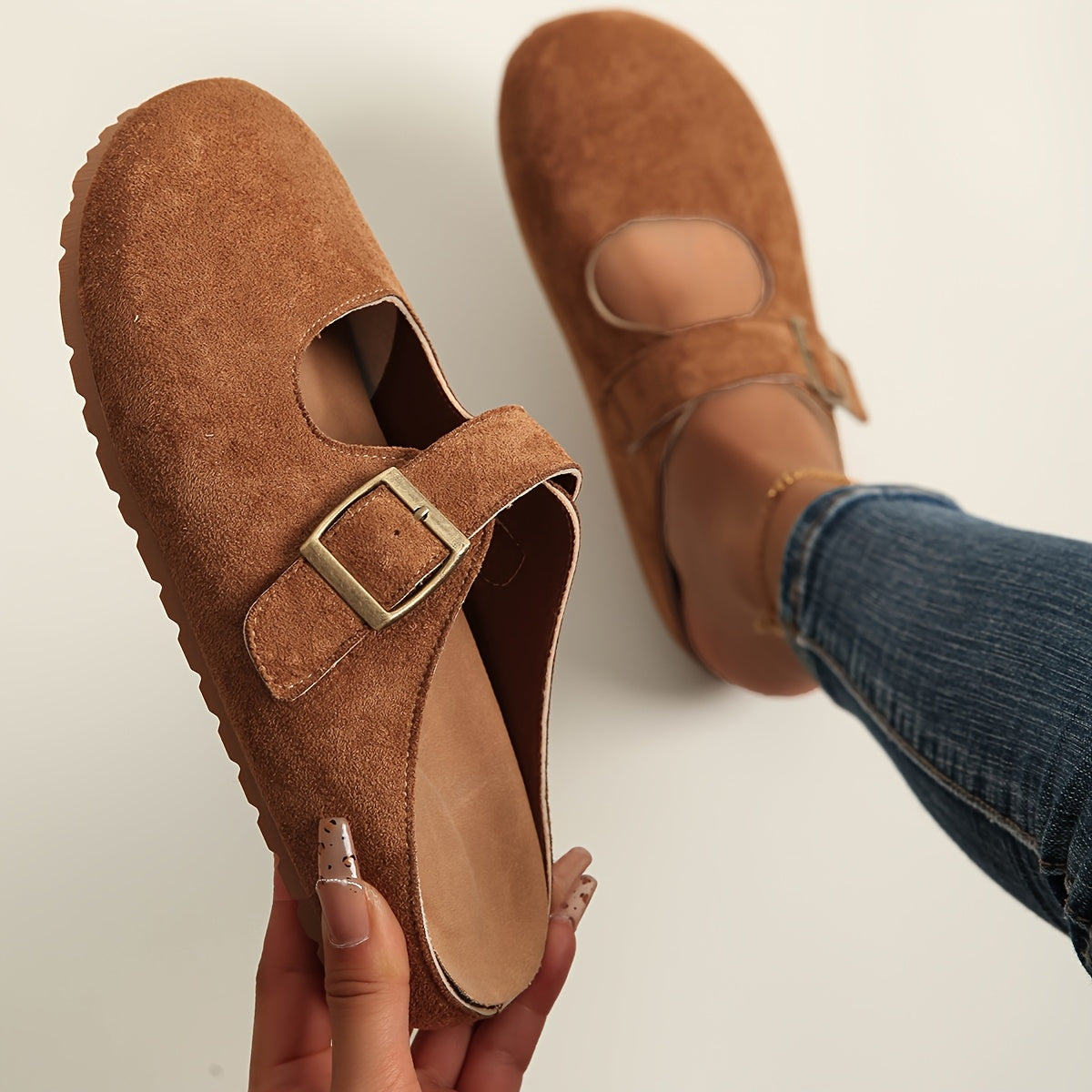 Women’s Slip-On Mules with Thick Sole Soft Fabric Beige Brown Casual Footwear