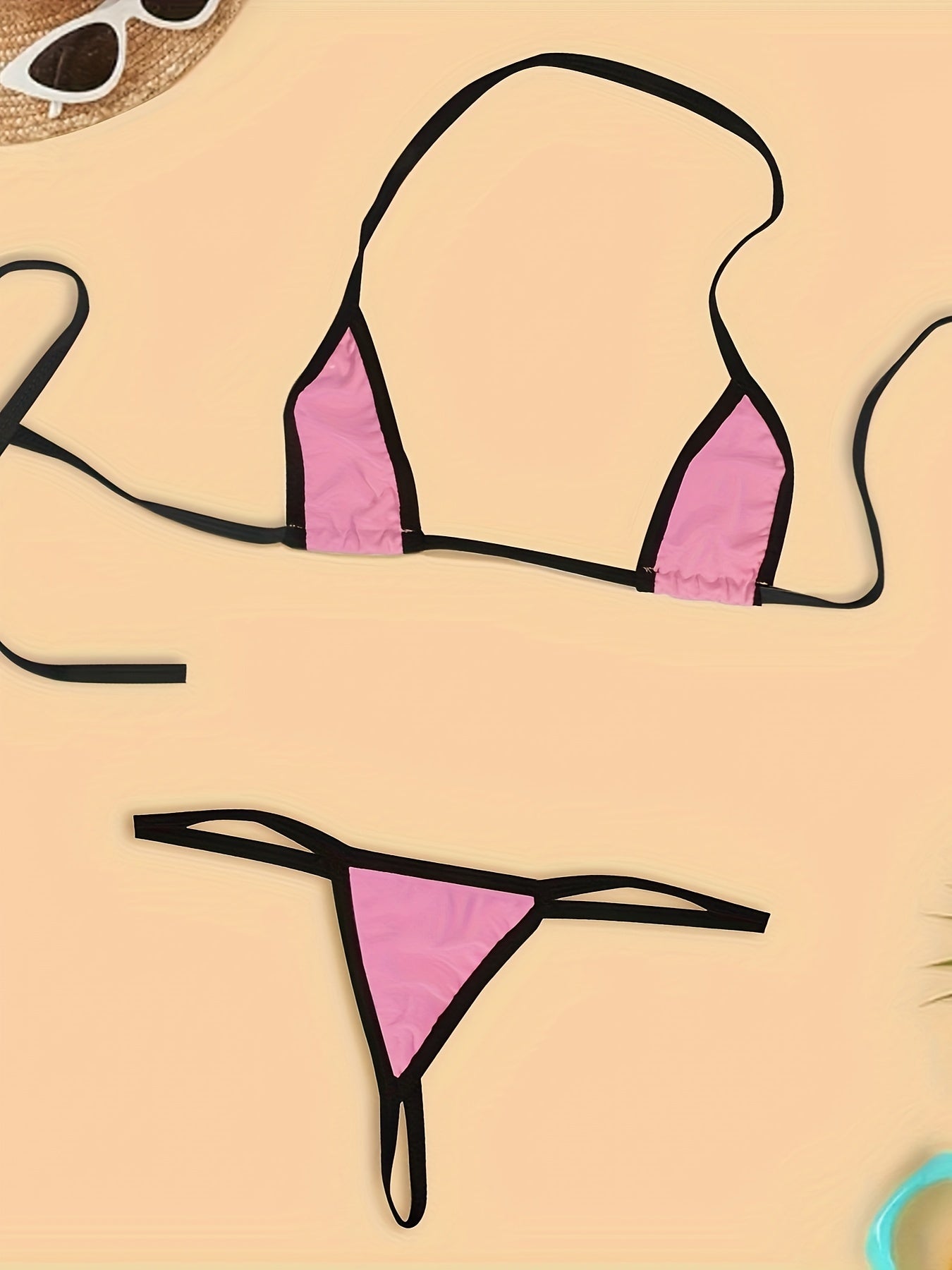 Women's Lingerie Set with Contrast Trim Micro Triangle Halter Bikini and Thong