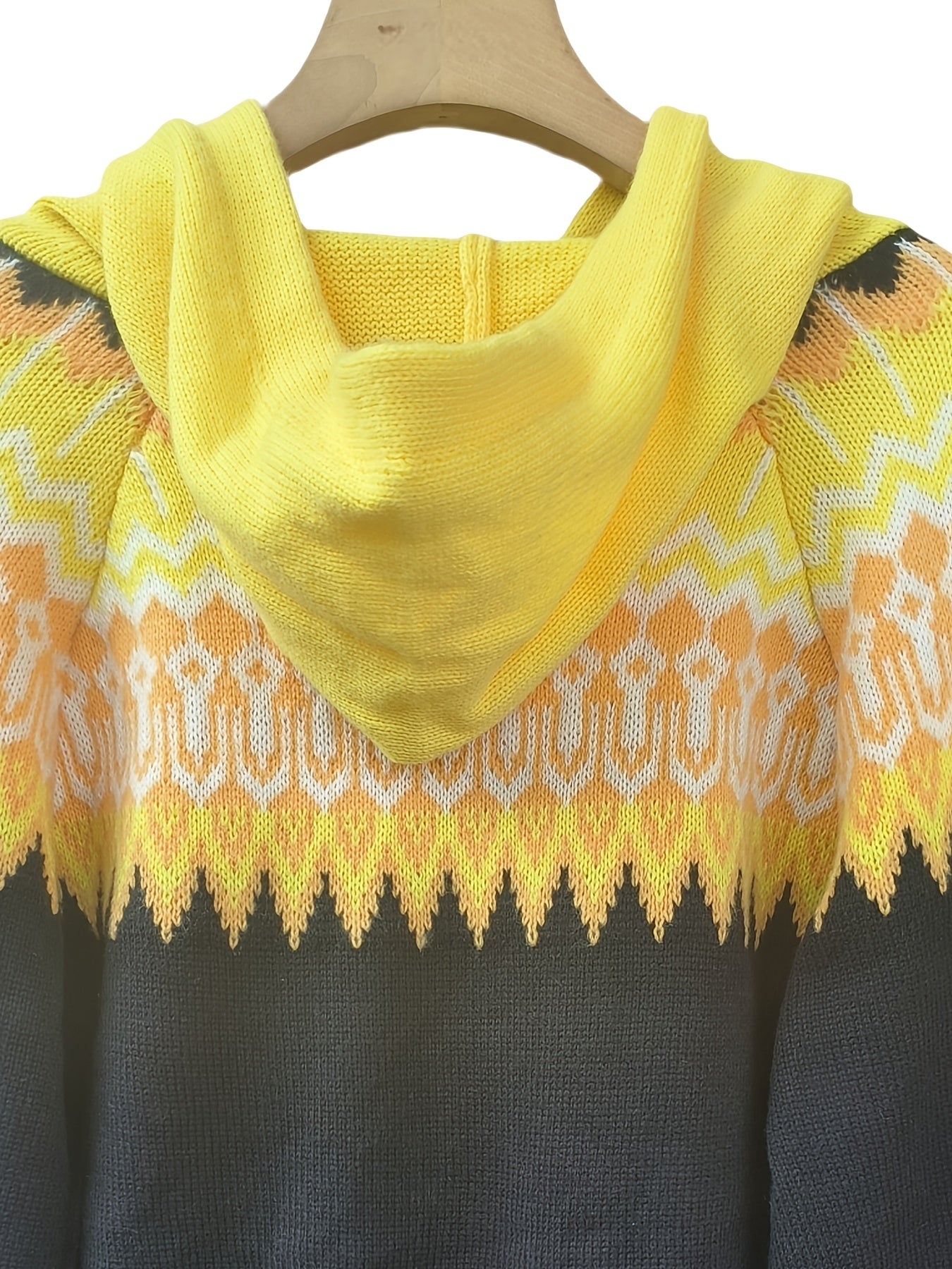 Plus Size Womens Cozy Geometric Pattern Cardigan Hooded Long Sleeve Sweater Black Yellow