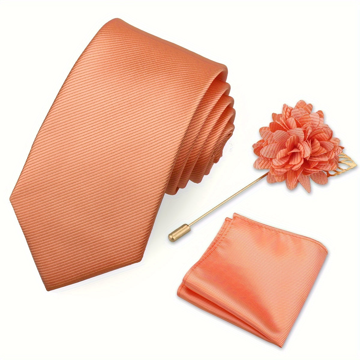 Men's Tie Set with Pocket Towel and Brooch, Classic Striped Plain Design