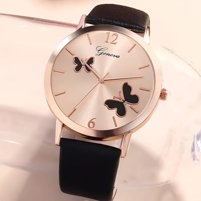 6 ta ayollar uchun kundalik kapalak shaklidagi quarts soatlari to'plami, charm taqinchalar va mos keladigan bilaguzuklar bilan