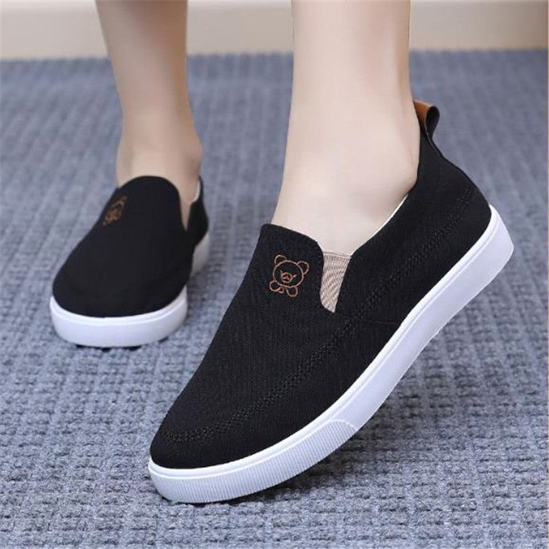 Women's Embroidered Slip-On Sneakers Breathable Casual Flats Navy Blue Black