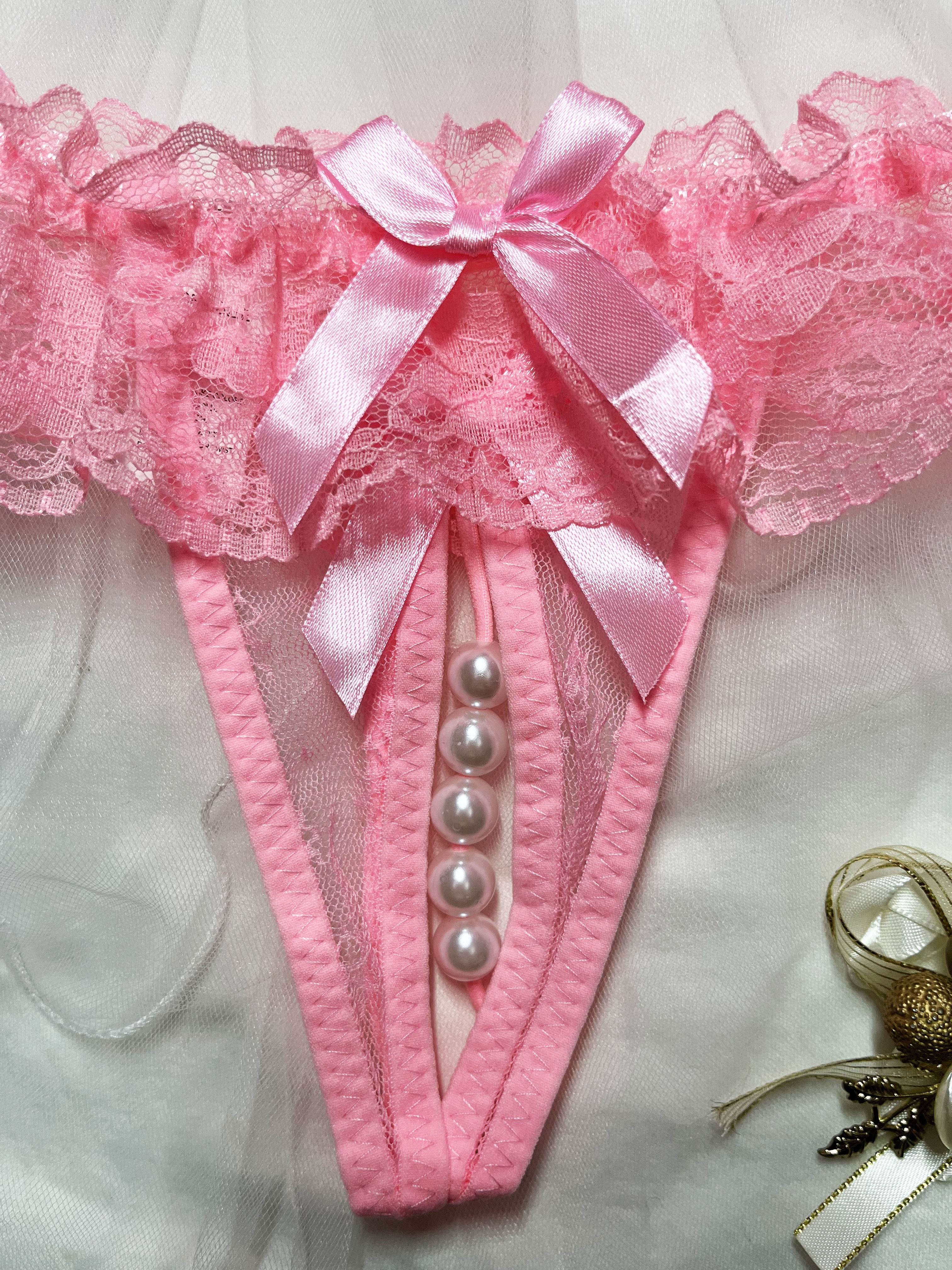 Women's Lace Trim Thongs with Faux Pearls Open Crotch Low Waist Sexy Lingerie