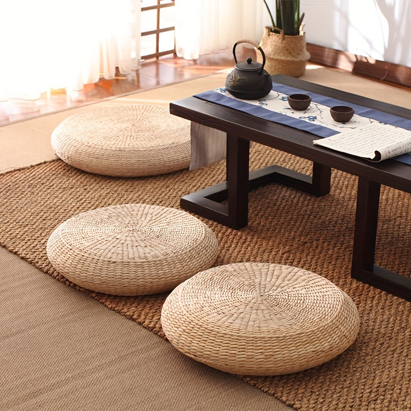 Round Straw Tatami Cushion Floor Pillow for Meditation Yellow