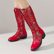 Women's Embroidered Faux Leather Knee-High Boots with Side Zipper