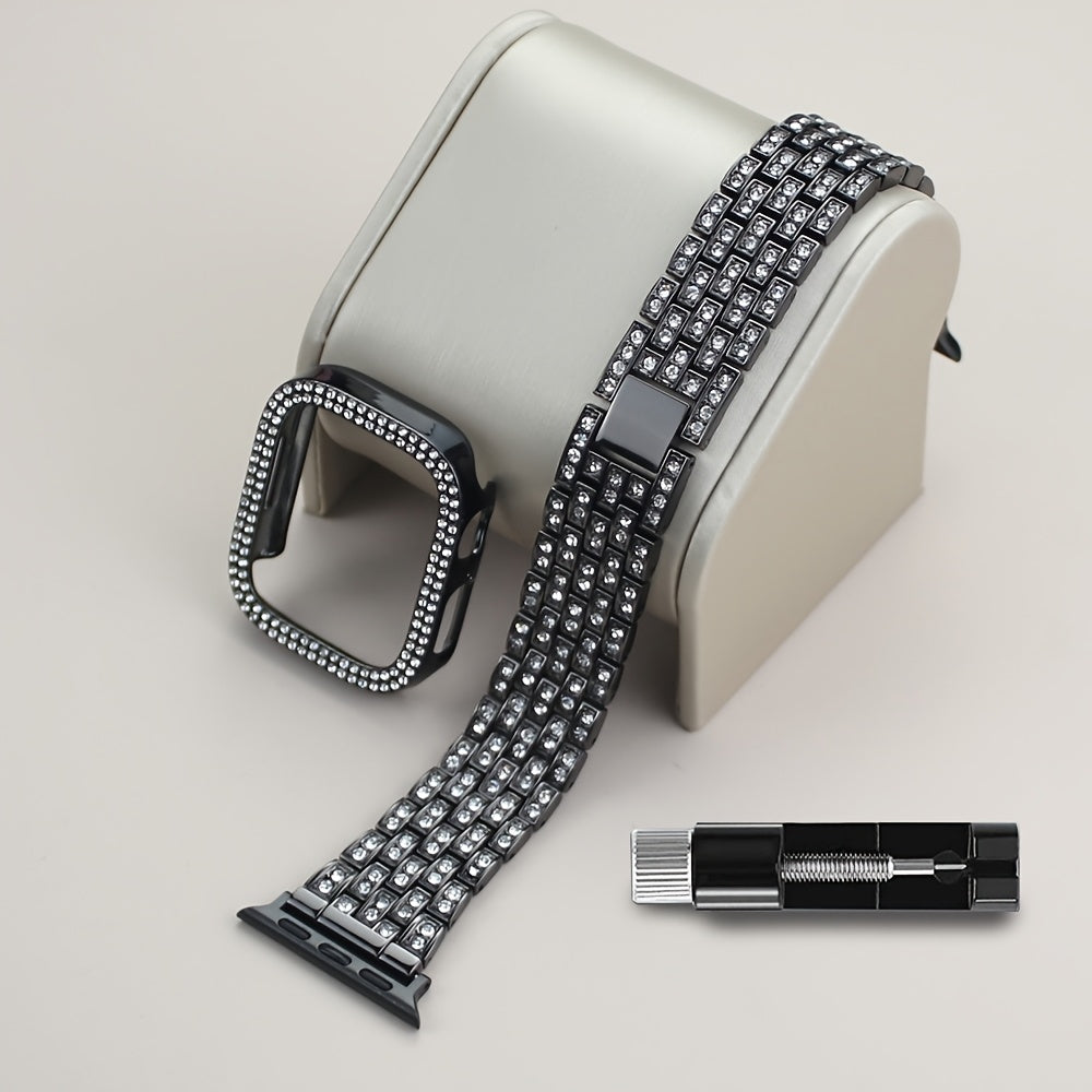 2-в-1 ремешок для часов с полым корпусом, совместимый с ремешками Apple Watch 38mm-46mm + корпус. Женские украшения, сверкающий заменяемый металлический ремешок с алмазными стразами и 2 шт. защитного покрытия из ПК. Нет