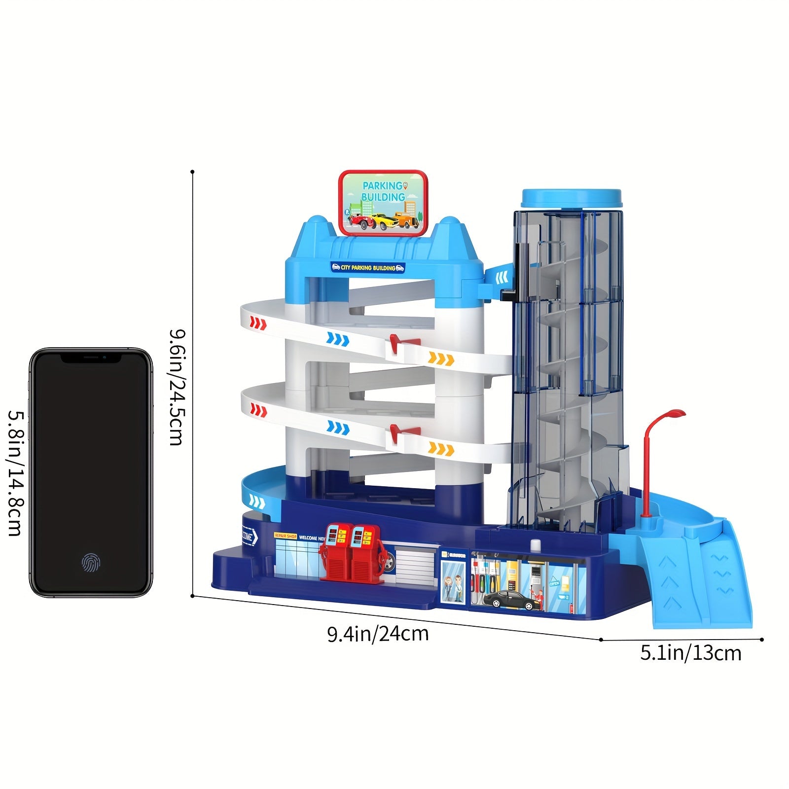Conjunto de juego de garaje de plástico azul para niños con aparcamiento, ambulancia, coche de policía y autobús escolar