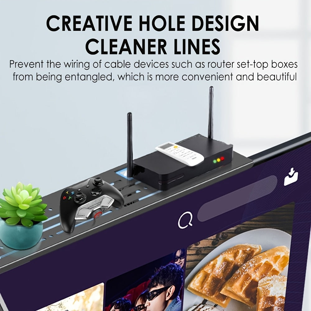 Oson o'rnatiladigan zamonaviy metall televizor ustki javoni, burgusiz o'rnatish, kompyuter, set-top box, router va monitorni uyda va ofisda tartibga solish uchun ko'p funksiyali saqlash javoni, joyni tejash uchun qulay yashash xonasi aksessuari.