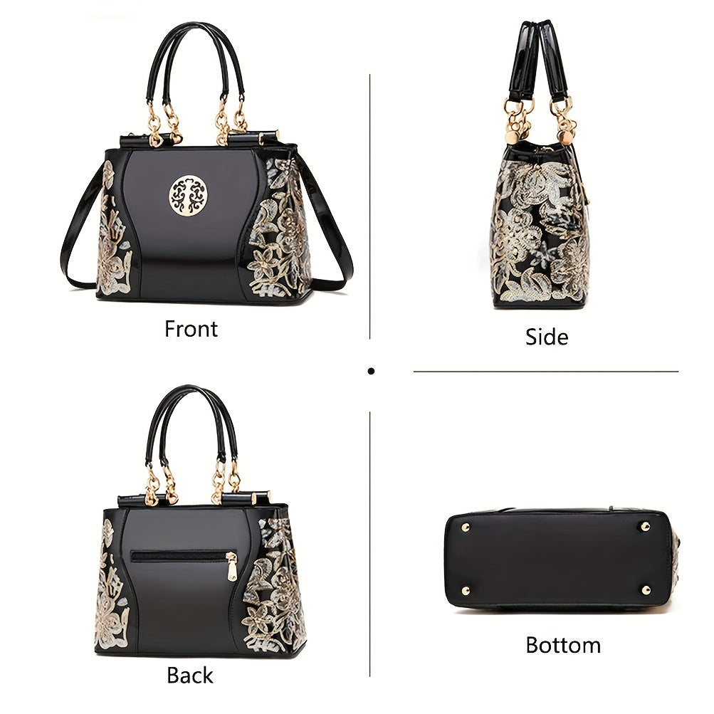 Sequined Flower Pattern Tote Bag for Women Zipper Adjustable Strap Festival Handbag