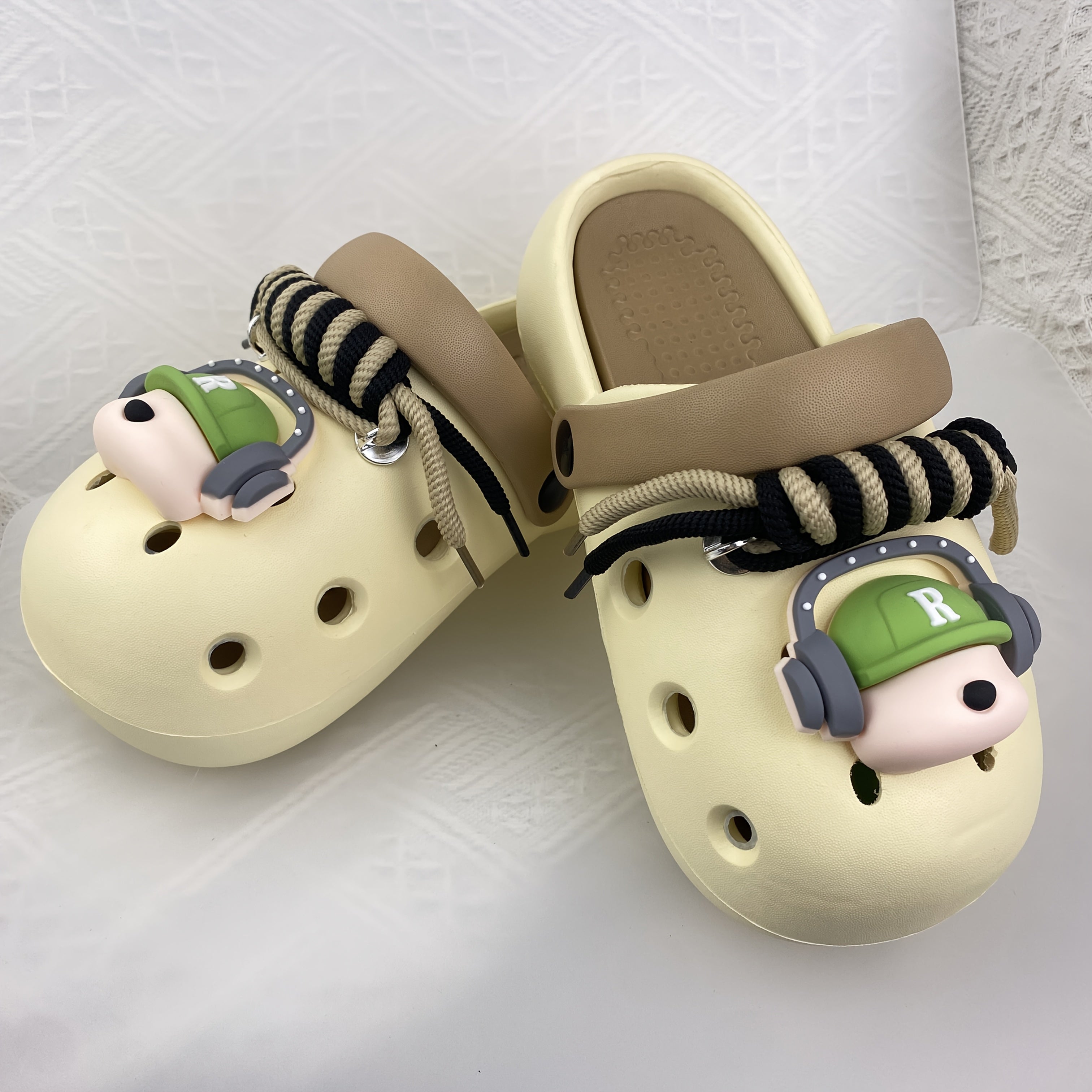 Women's Beige Clog Shoes with Dog Ear Headphones Design Comfort Casual