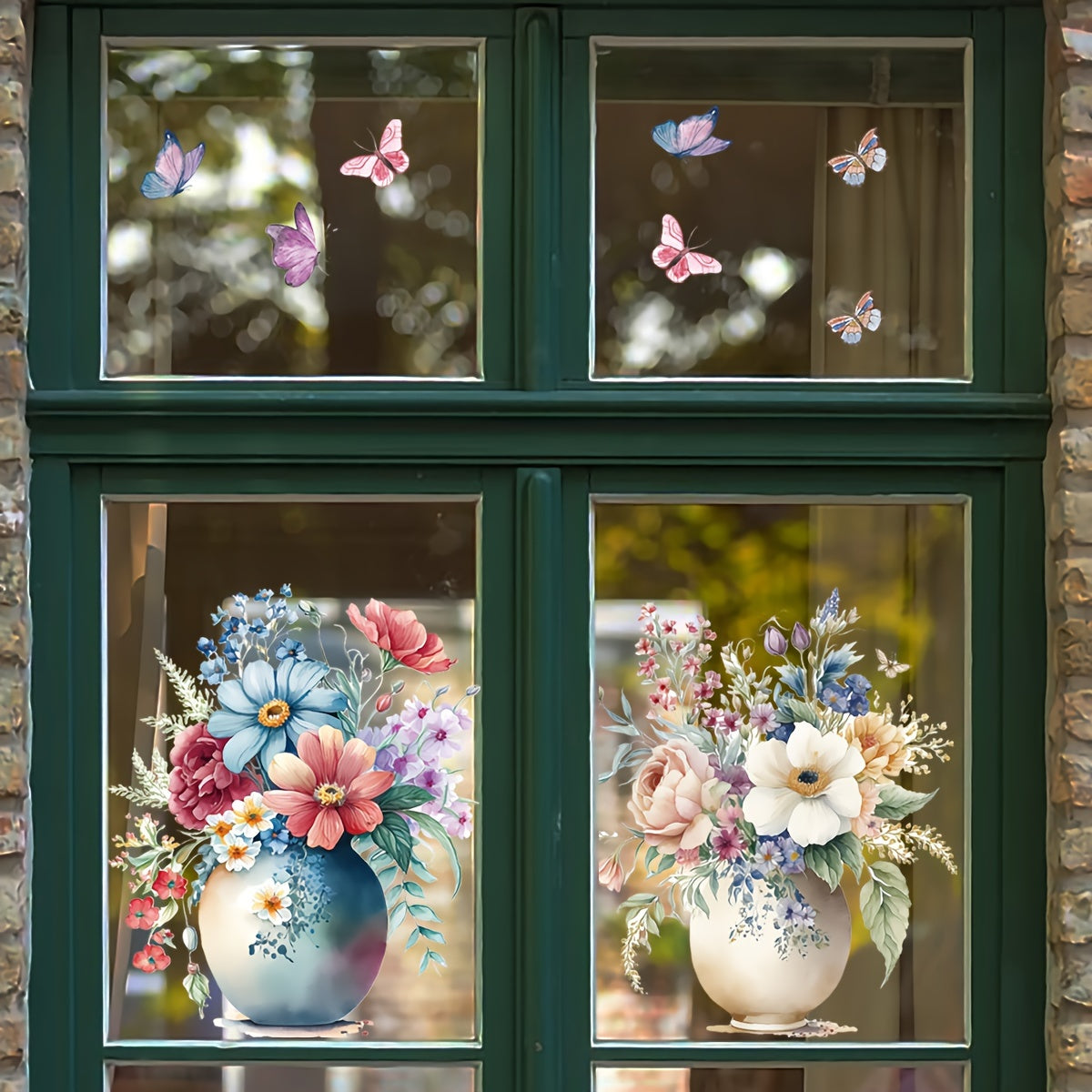 Juego de 2 pegatinas electrostáticas para ventanas con flores en maceta para decoración del hogar en sala de estar y baño