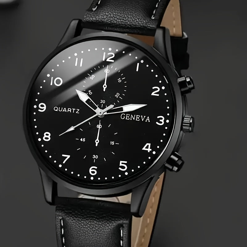 Set of 4 Men's Quartz Watches Black Round Face Faux Leather Bracelets Gift Set