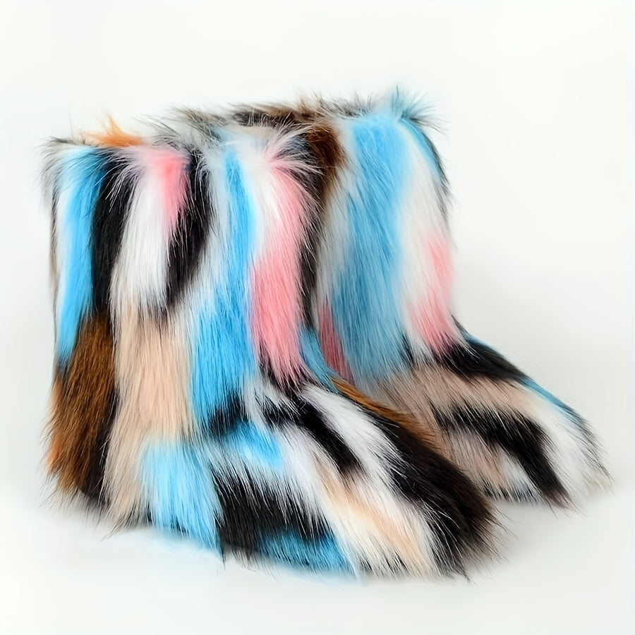 Women's Plush Faux Fur Mid-Calf Boots, Oversized, Harajuku Style