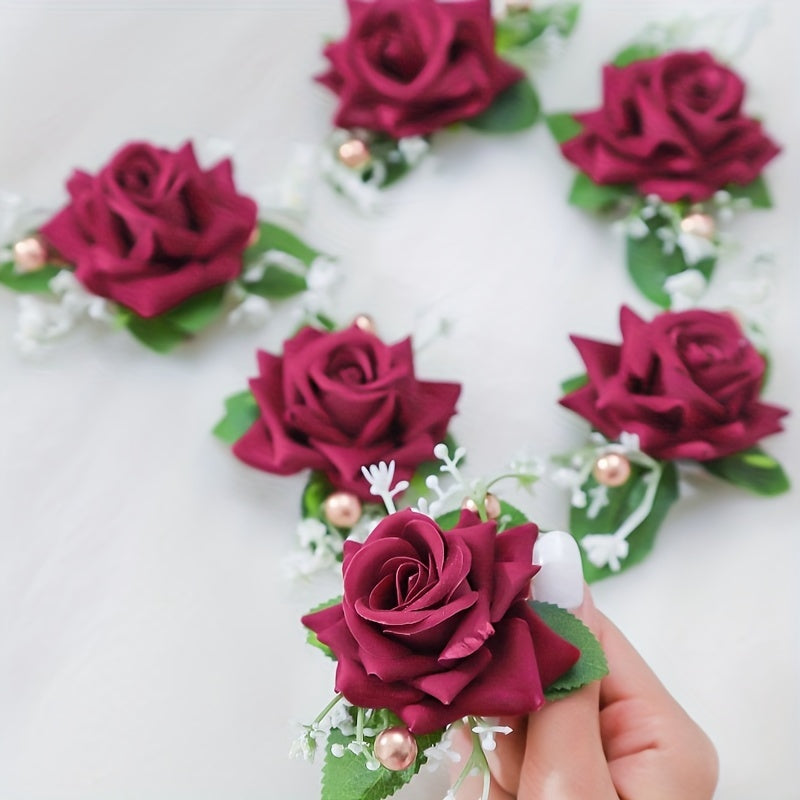 Set of 6 Boho Bridal Corsages Faux Rose Boutonnieres with Gold Pearls and Foliage for Weddings and Events