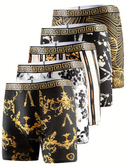 Men's Boxer Briefs 5 Pack Geometric Pattern Breathable Polyester Stretch Black Gold