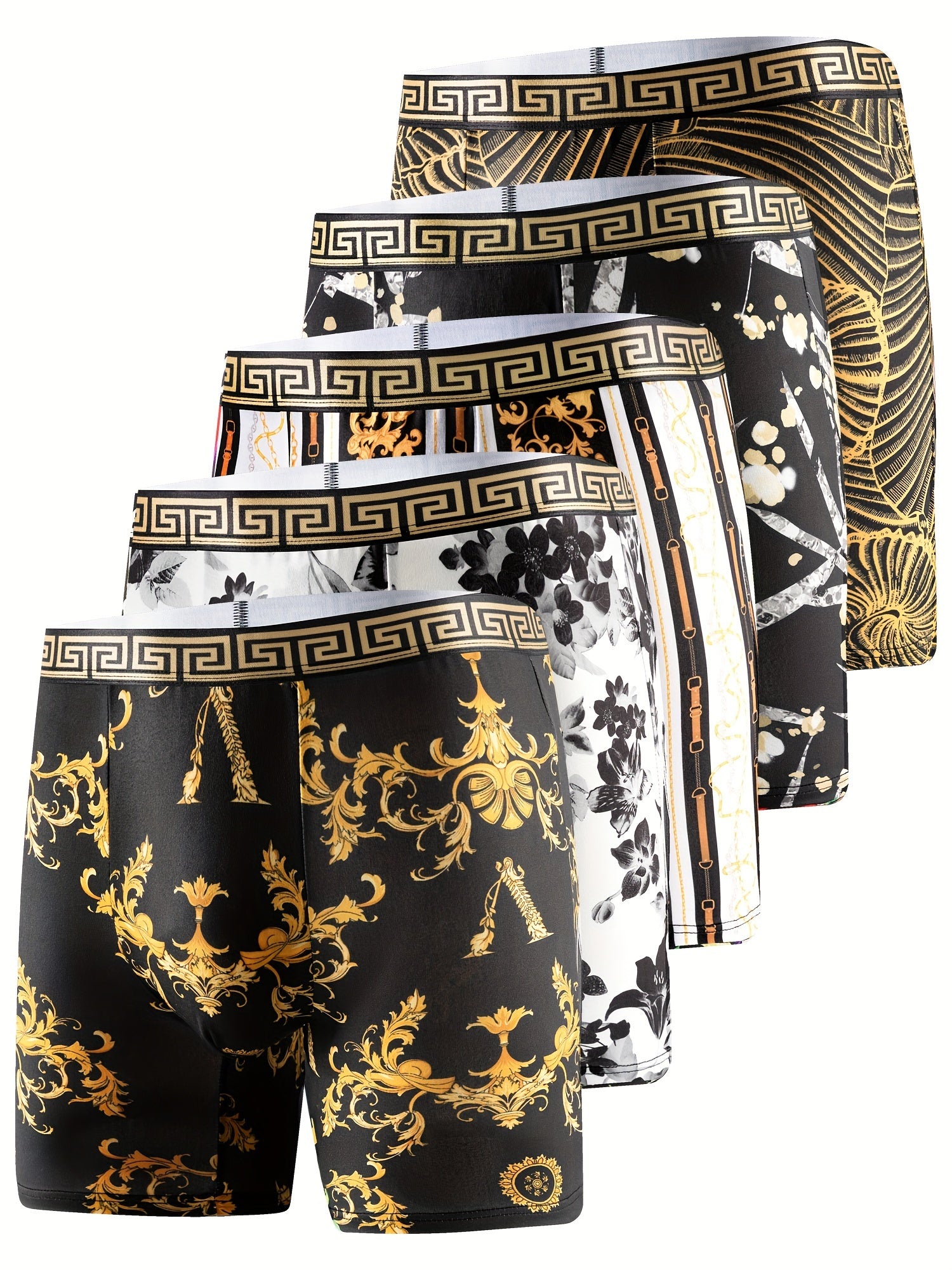 Men's Boxer Briefs 5 Pack Geometric Pattern Breathable Polyester Stretch Black Gold