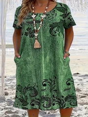 Vestido floral verde para mujer, casual, de corte suelto, manga corta, cuello redondo, verano, primavera, otoño