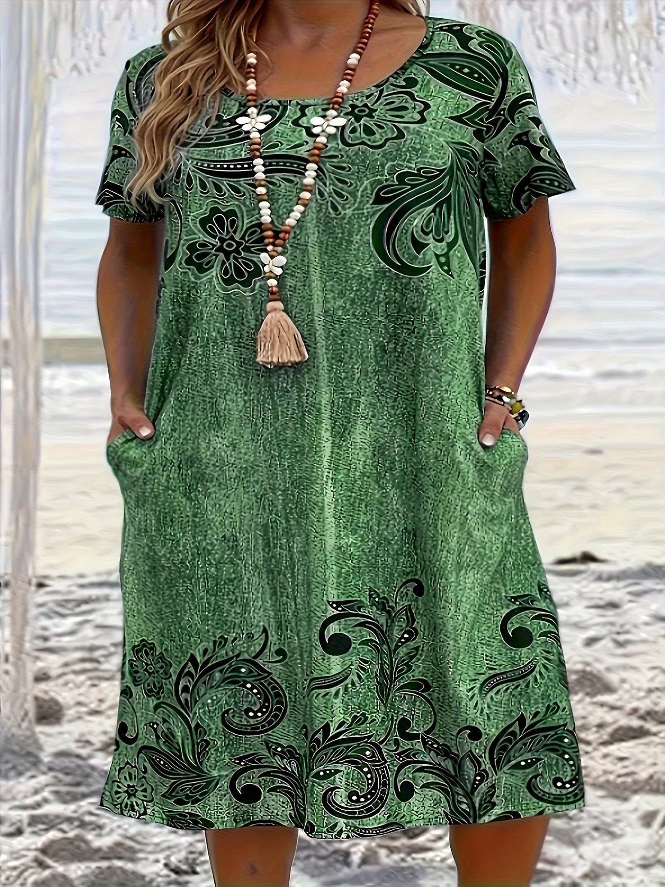 Vestido floral verde para mujer, casual, de corte suelto, manga corta, cuello redondo, verano, primavera, otoño