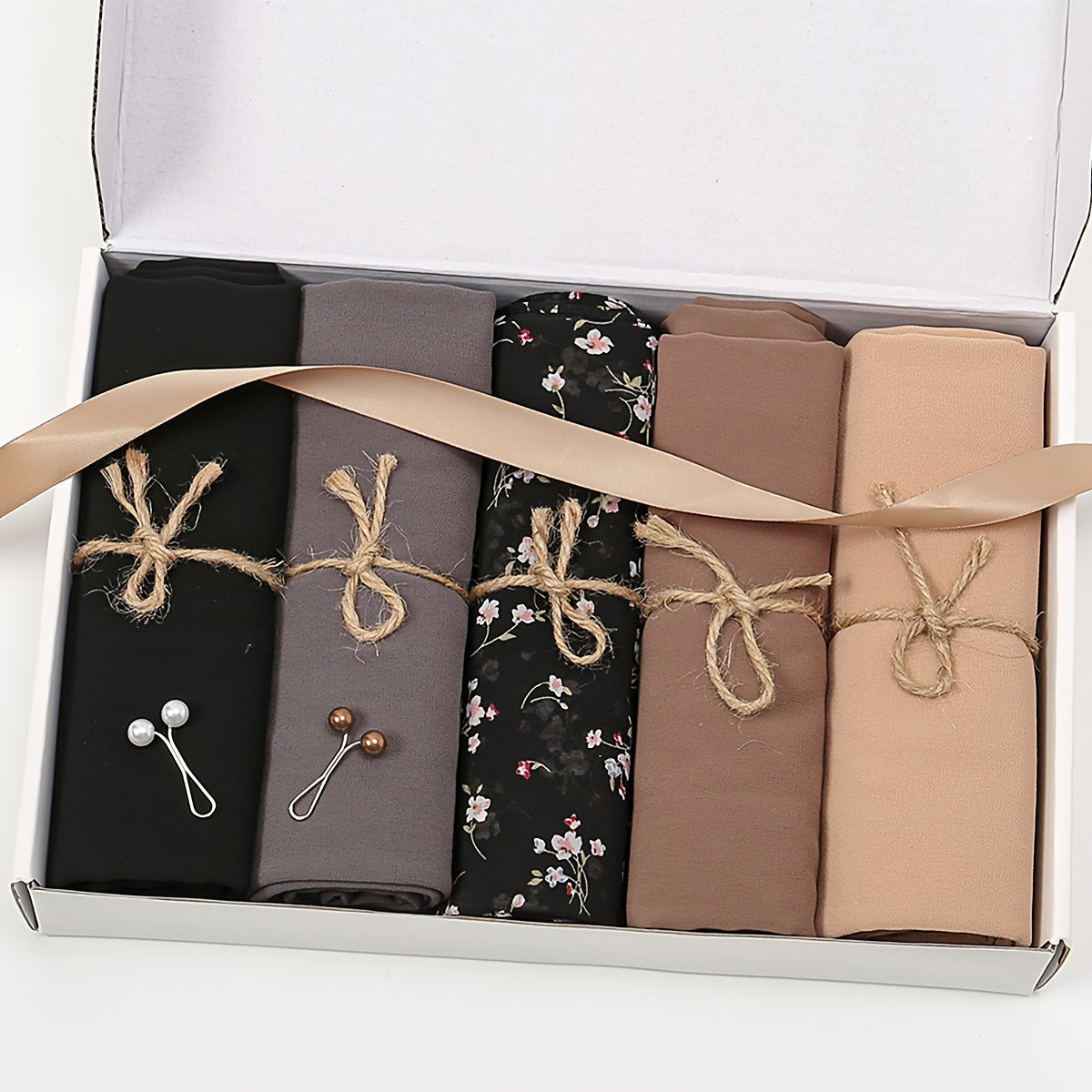 Set of 5 Elegant Chiffon Hijabs with Faux Pearl Pins for Valentine's and Mother's Day