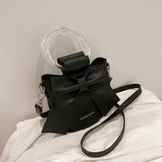 Women's Bucket Bag with Detachable Strap Bow Accent in Black White Pink Blue