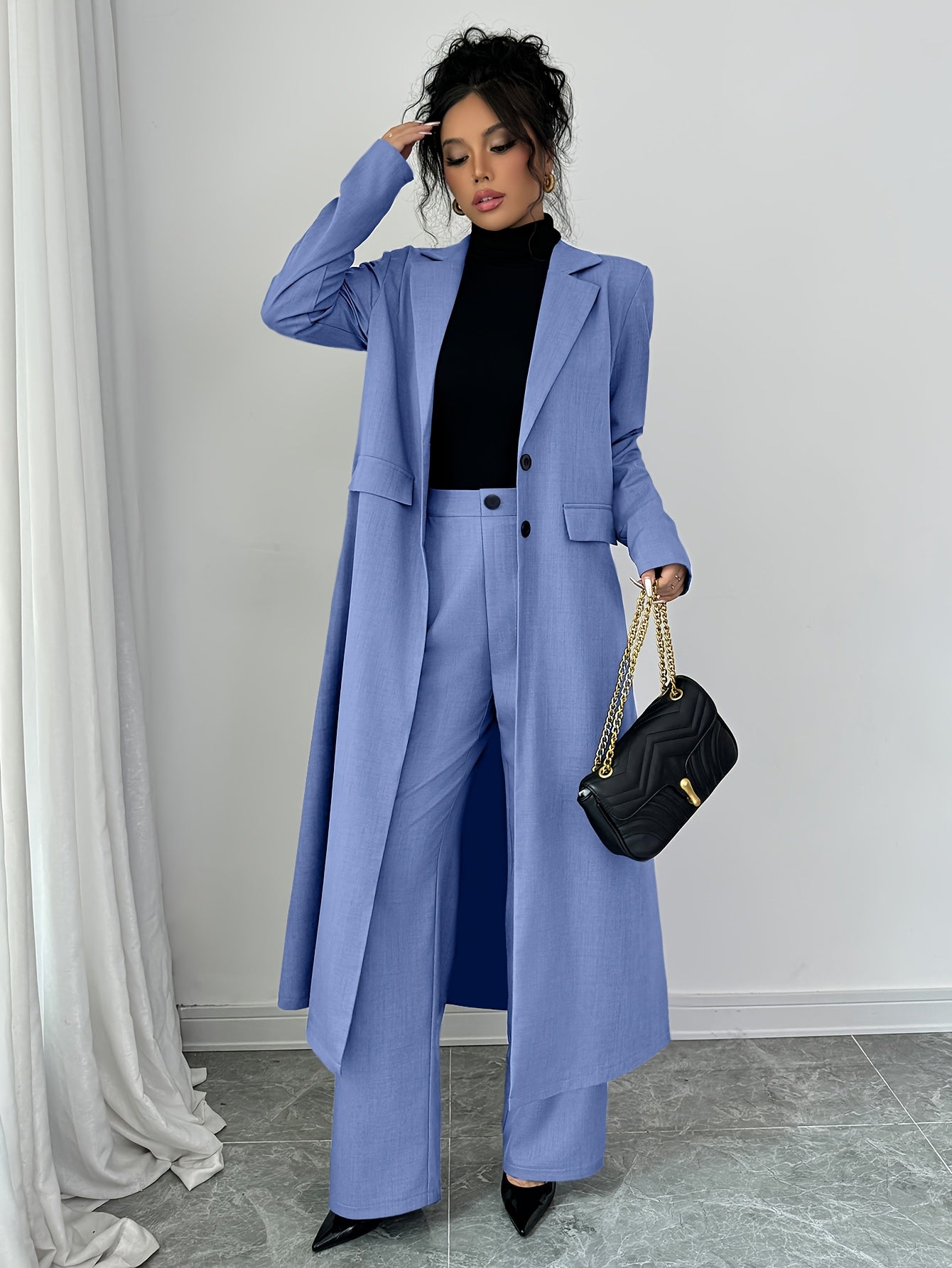 Conjunto de traje de poliéster para mujer con blazer largo y pantalones rectos para primavera y otoño