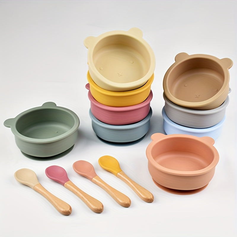Set de alimentación para bebé, cuenco de silicona con succión, mango de madera y cuchara, libre de BPA