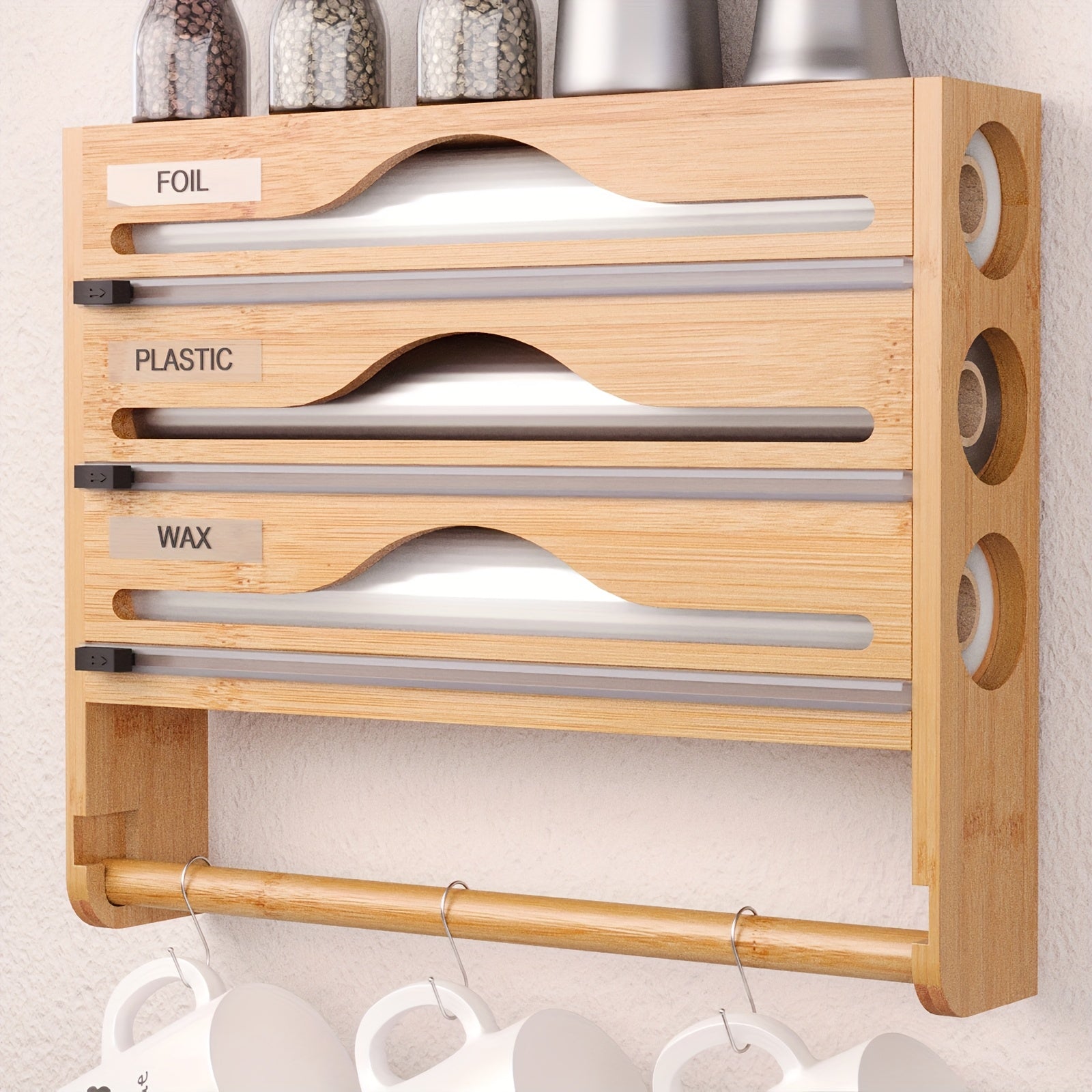 Bamboo Wall Mount Kitchen Wrap Organizer with Cutter and Labels