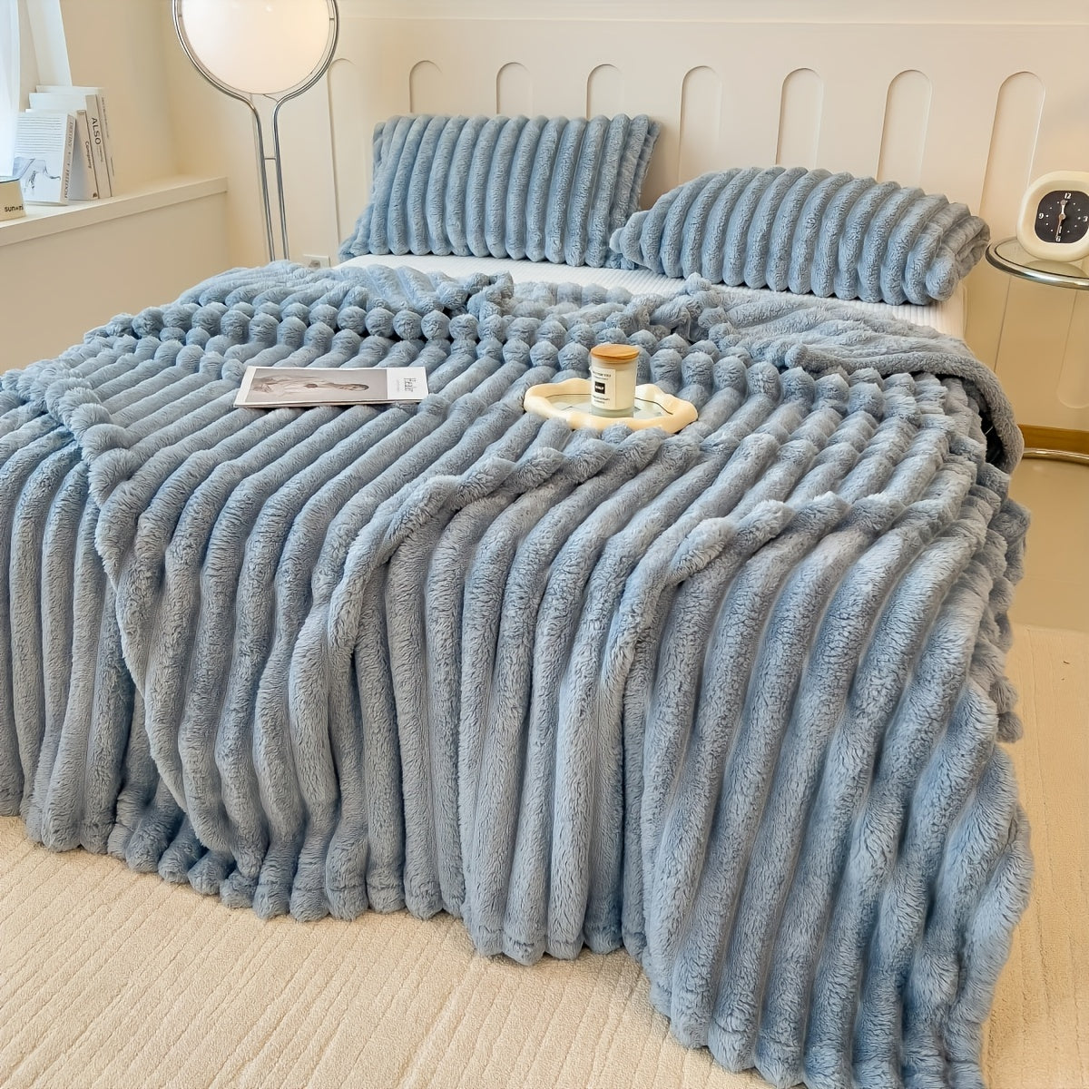 Striped Plush Throw Blanket for Couch Bed All-Season Warmth