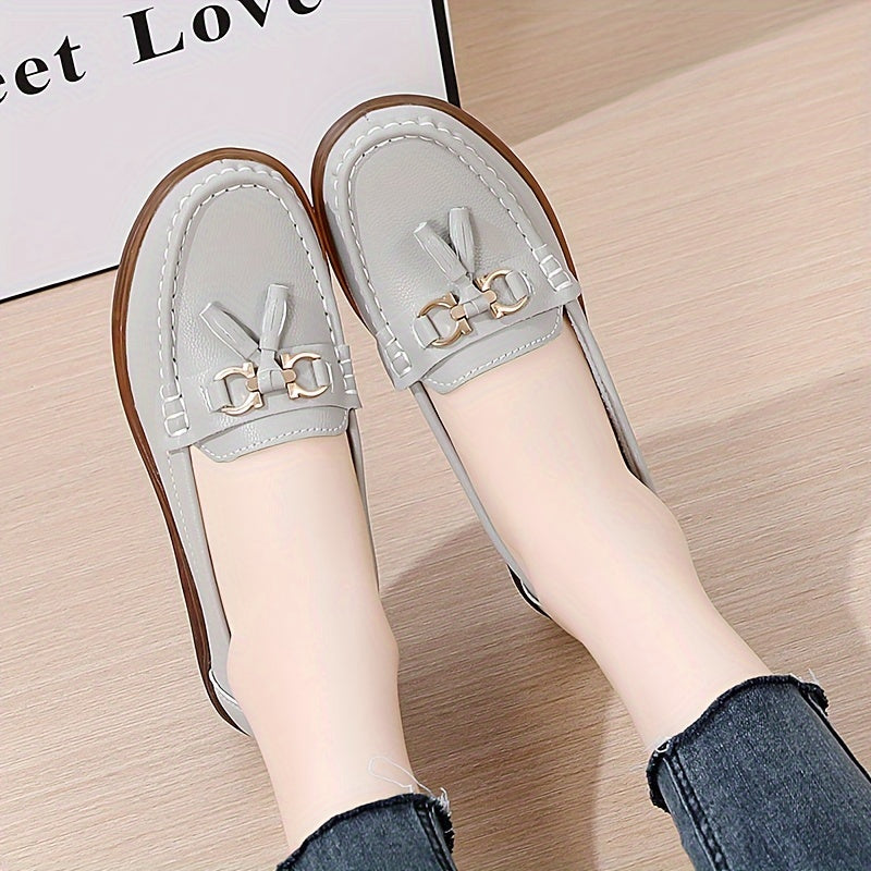 Women's Solid Color Faux Leather Loafers with Thick Heel Slip-On Shoes