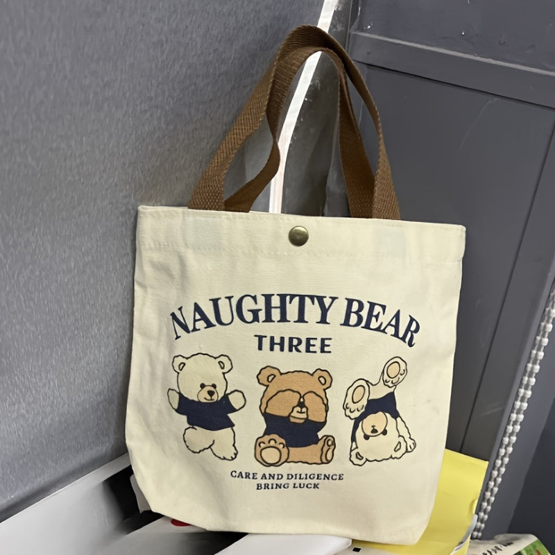 Bear Print Canvas Handbag Lunch Box Storage Bag for Outings