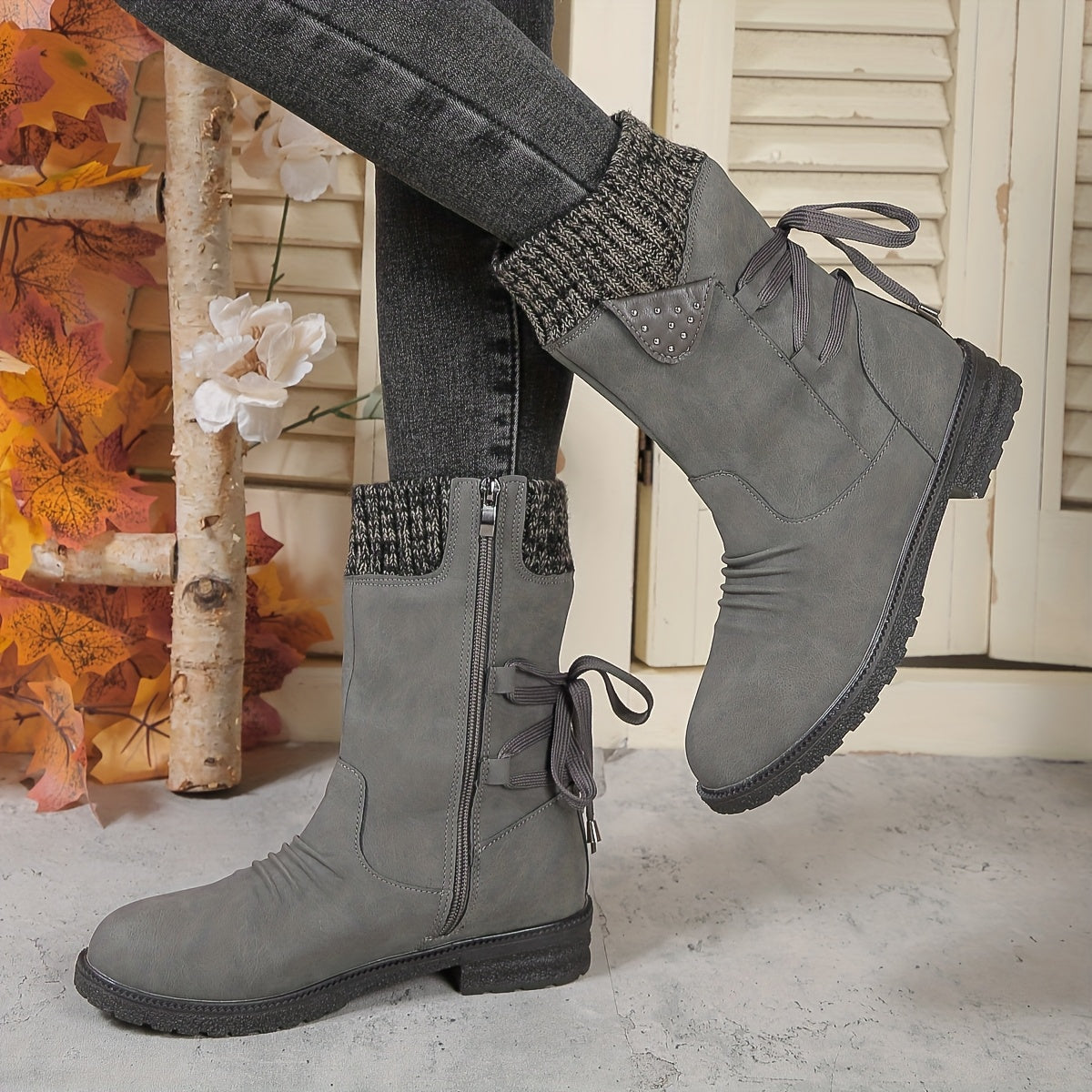 Women's Faux Cover Chunky Heel Ankle Boots with Zip Closure