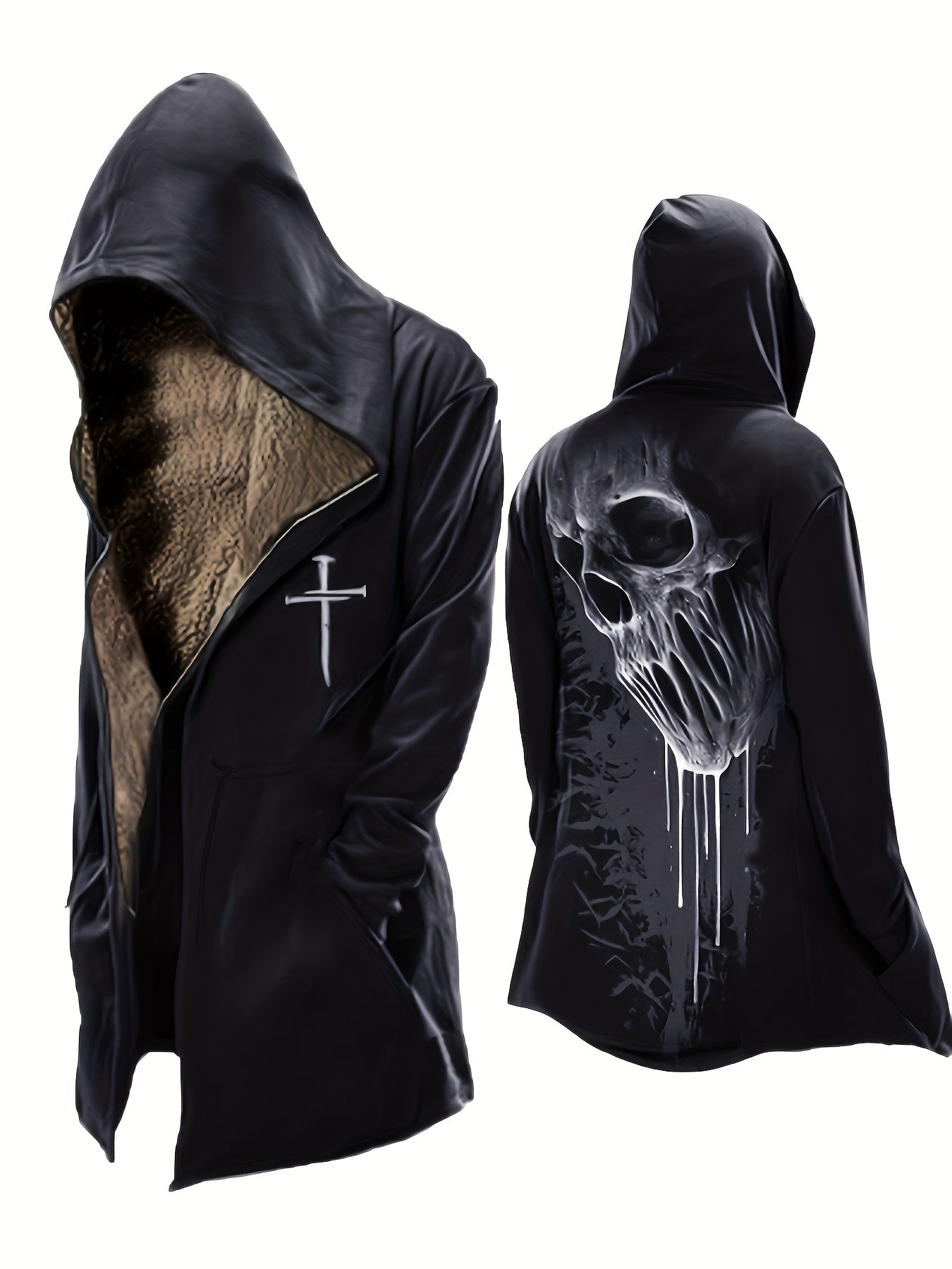 Plus Size Men's Vintage Skull Print Hooded Fleece Jacket with Polyester Lining Black and White