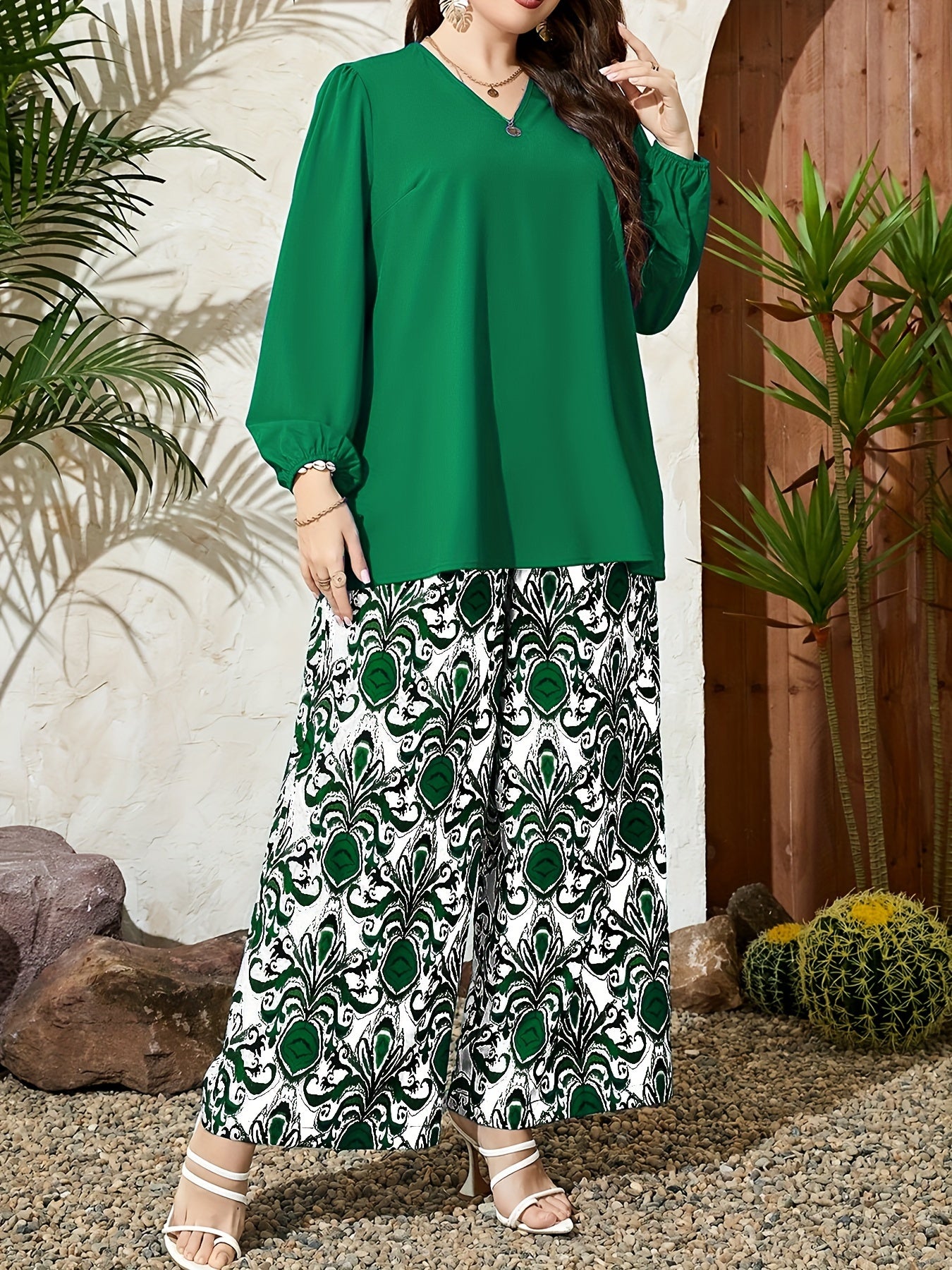 Plus Size V-Neck Top and Wide-Leg Pants Set in Blue and White Geometric Pattern Polyester Machine Washable