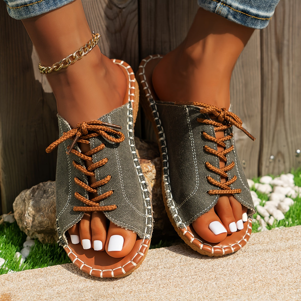 Women's Leather Flat Slide Shoes Peep Toe Sandals for Summer Outdoor Beach