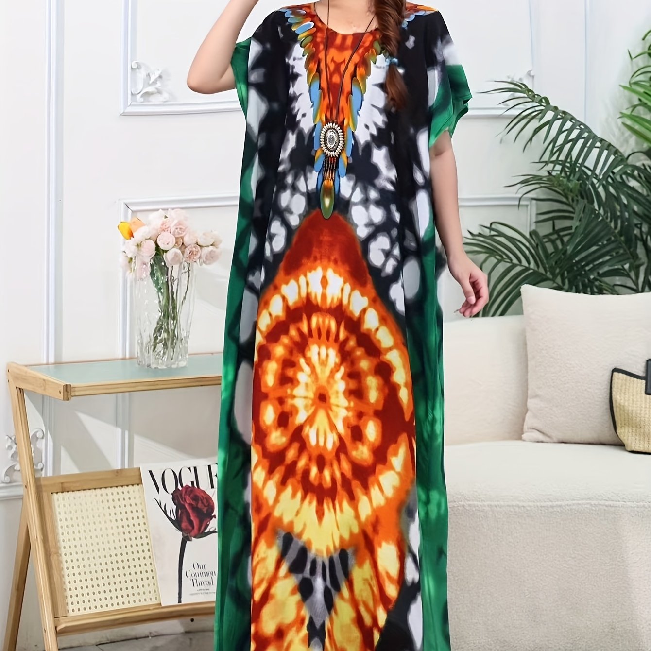 Plus Size Bohemian Printed Maxi Dress Beach Cover-Up Loose Fit Over Bikini