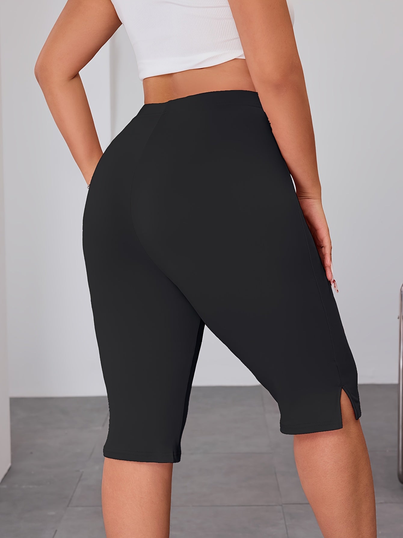 Plus Size Black High-Waisted Leggings with Side Slit for Women