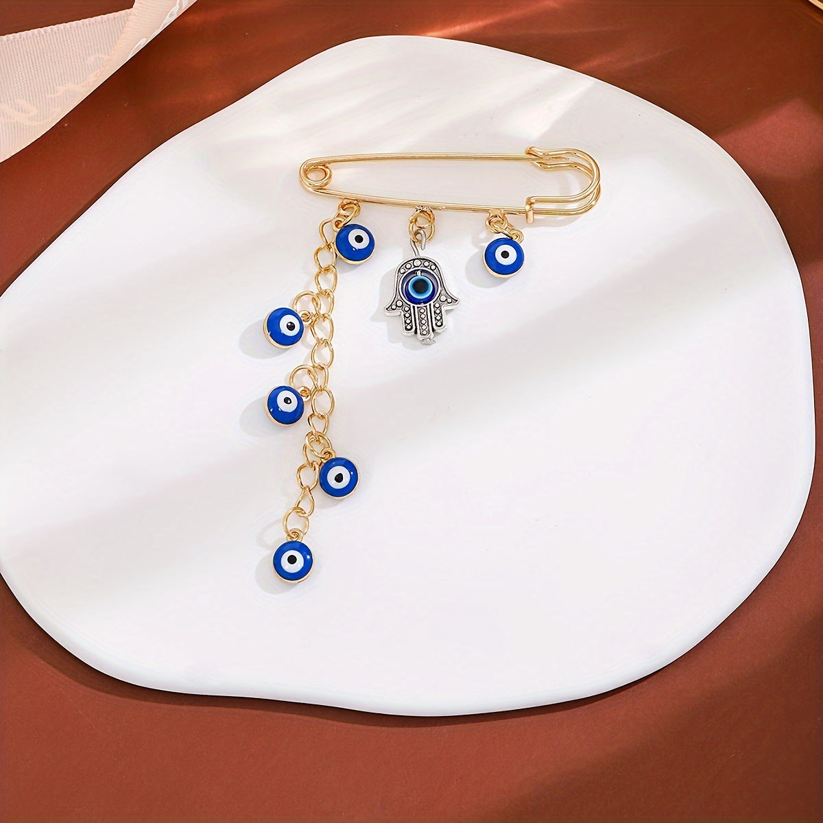 Set of 2 Vintage Crystal Evil Eye Brooches in Blue with Tassels and Cold Wind Detailing