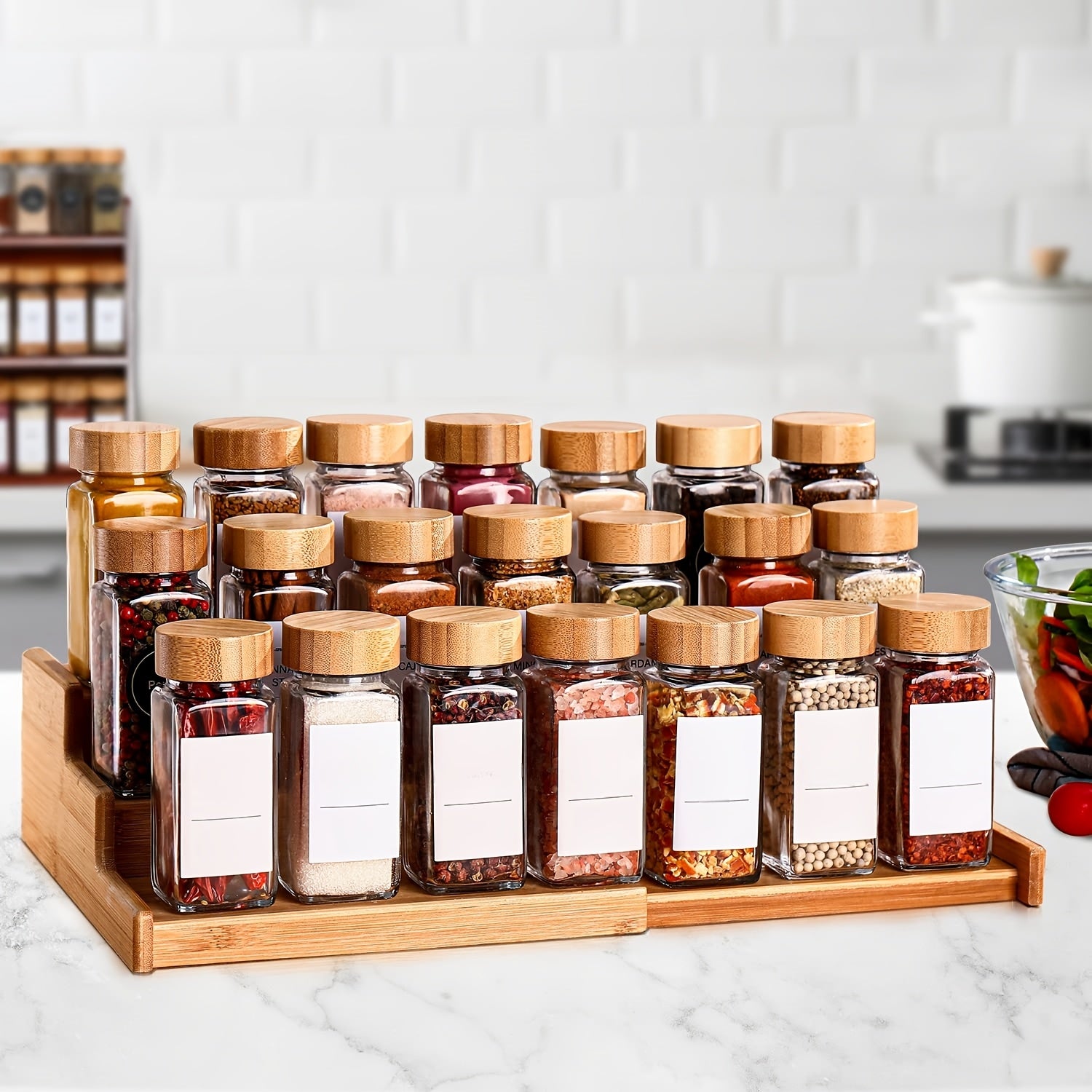 12-Piece Glass Spice Jar Set with Bamboo Lids Labels and Funnel for Airtight Kitchen Storage
