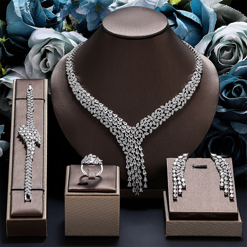 Elegant Platinum-Plated Zirconia Bridal Jewelry Set Necklace Earrings Bracelet Ring for Weddings