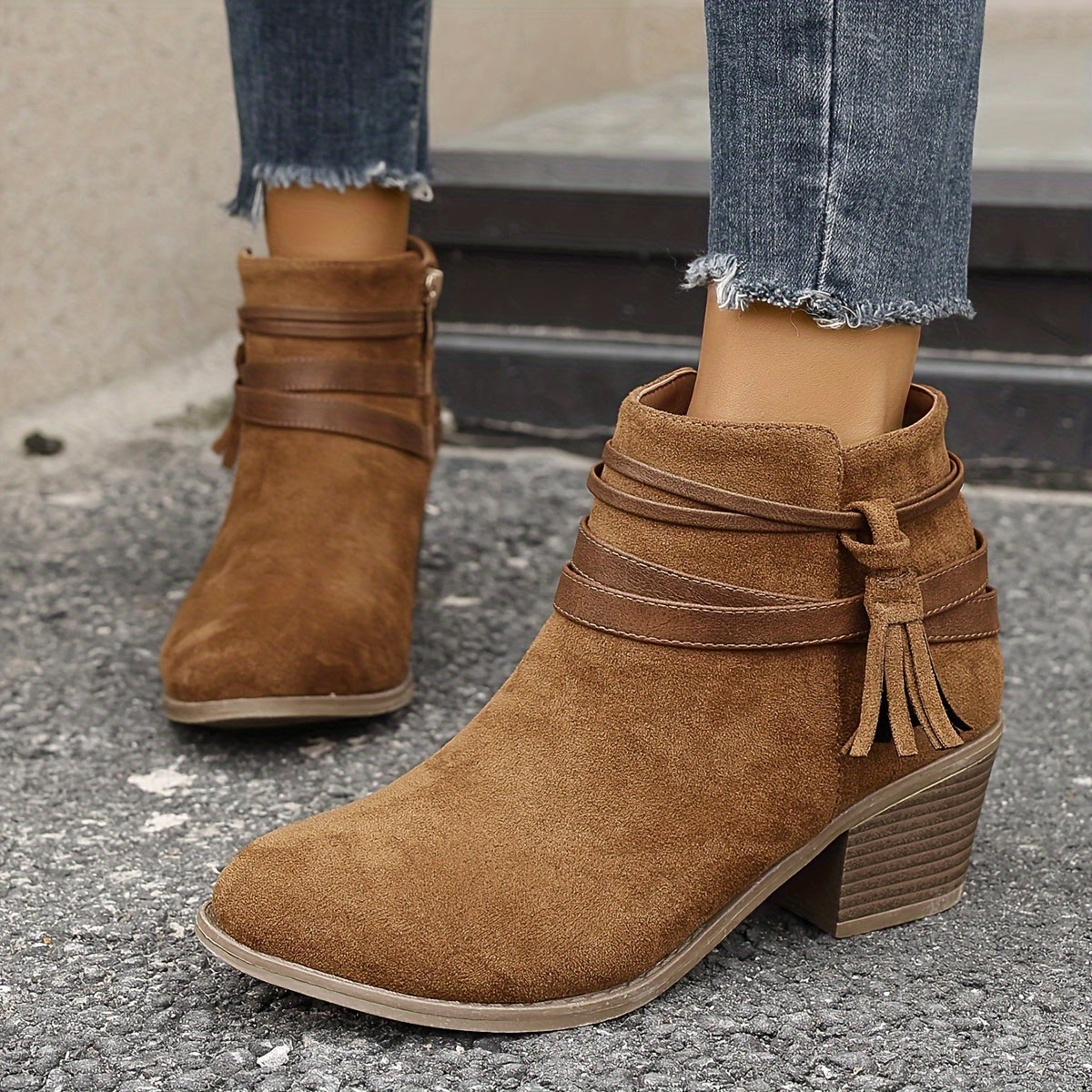 Women's Platform Boots with Tassel Inside Zipper Chunky Heel