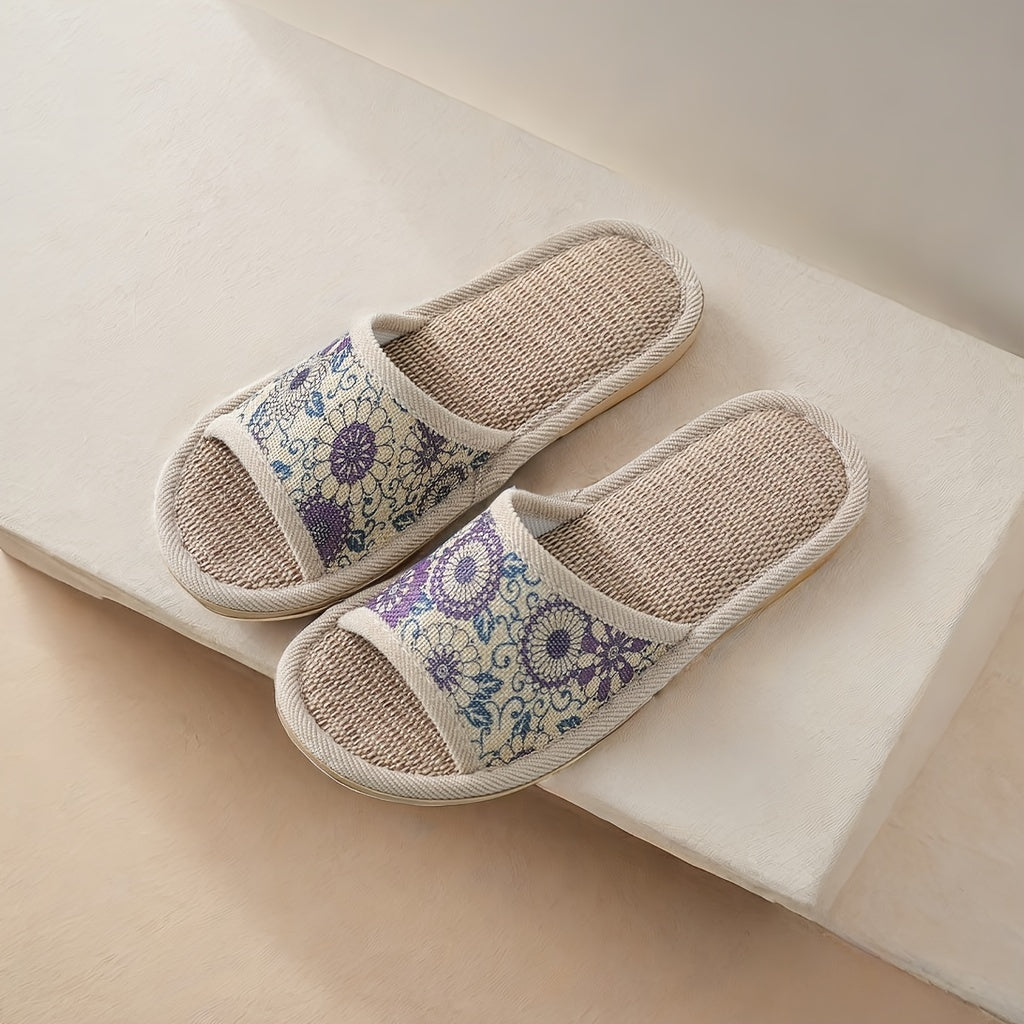 Women Flower Pattern Slippers Open Toe Linen Indoor Shoes