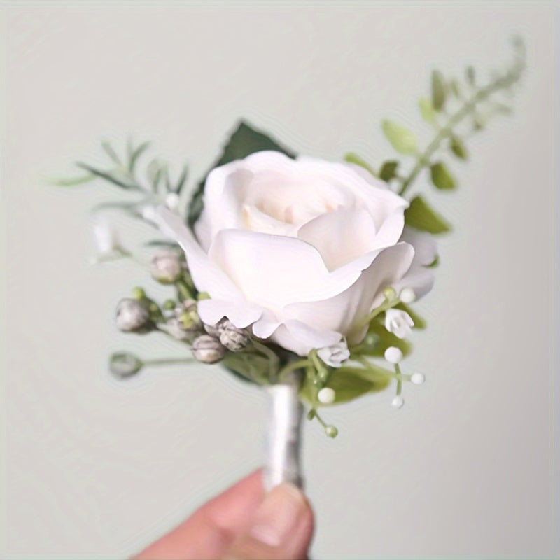 White Rose Corsage for Men Polyester Boutonniere for Weddings and Special Occasions