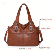 Retro PU Leather Tote Bag with Multiple Pockets Large Capacity Casual Shoulder Crossbody Bag