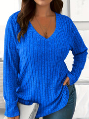 Plus Size Ribbed Solid V-Neck Long Sleeve T-Shirt Womens Clothing