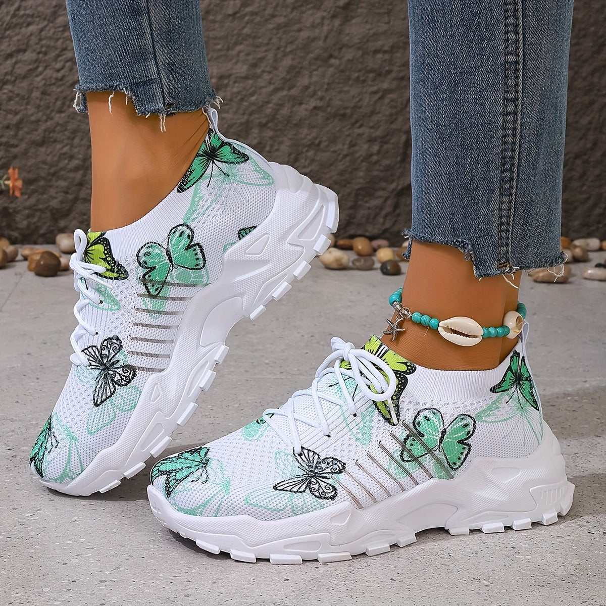 Women's Green Butterfly Pattern Sneakers Lightweight Breathable Running Shoes