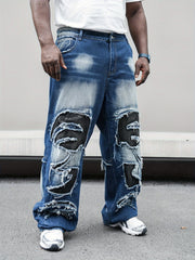 Erkaklar uchun Plus o'lchamdagi to'g'ri oyoqli denim shimlar, geometrik patchwork va yuvilgan to'liq rang