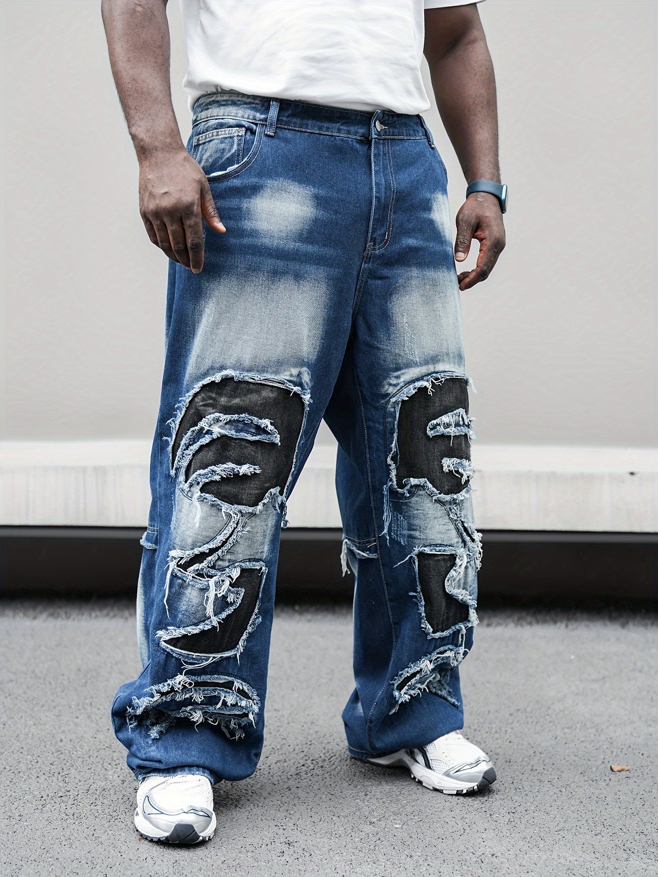 Erkaklar uchun Plus o'lchamdagi to'g'ri oyoqli denim shimlar, geometrik patchwork va yuvilgan to'liq rang