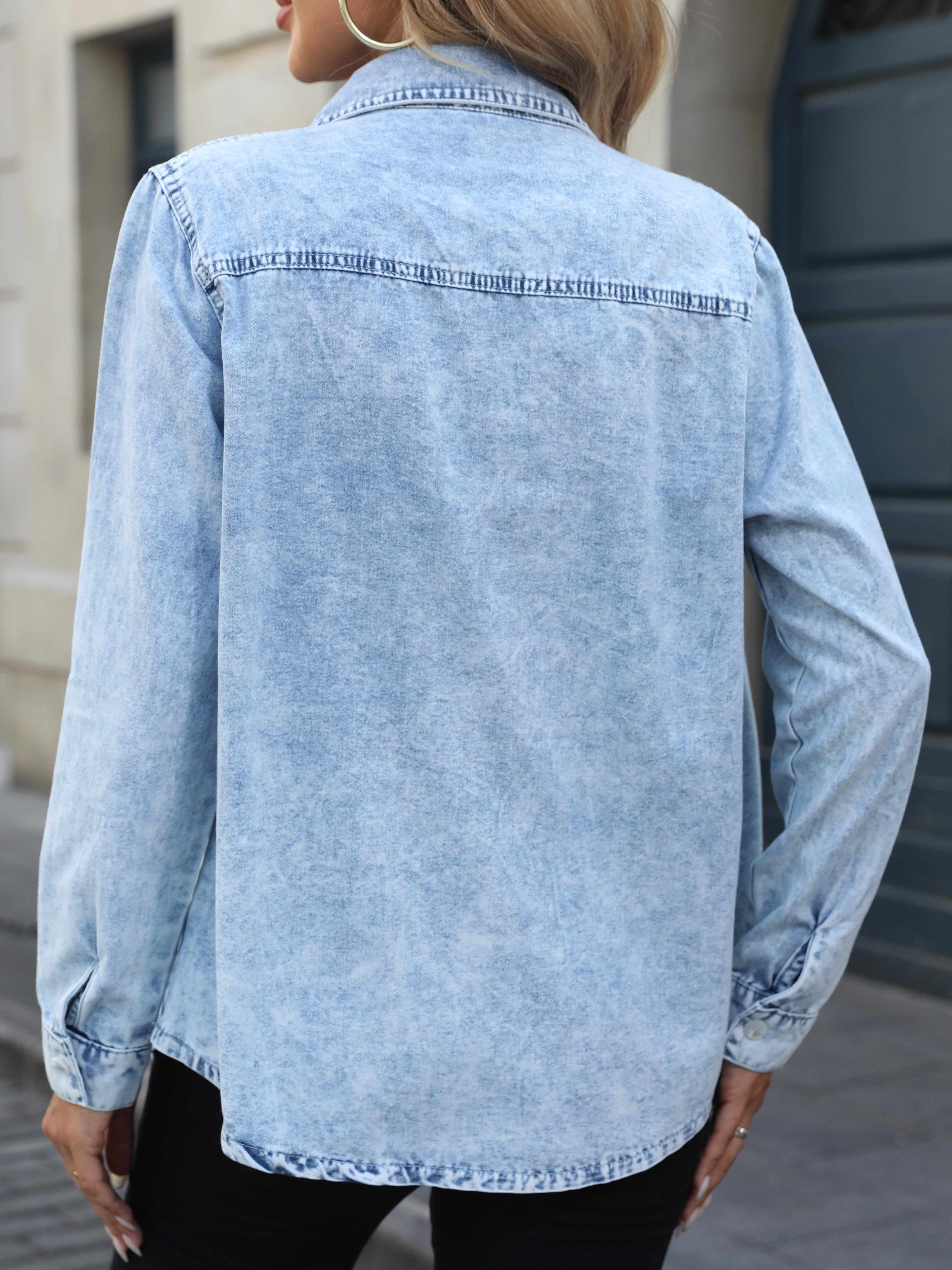 Women's Denim Shirt Long Sleeve Solid Casual Spring Summer Regular Fit
